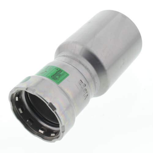 Silver metal press reducer with green label, larger diameter end on left and smaller press-fit end on right.