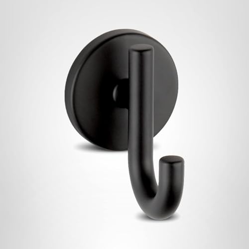 Black metal robe hook with curved design and circular wall-mounted backing plate.