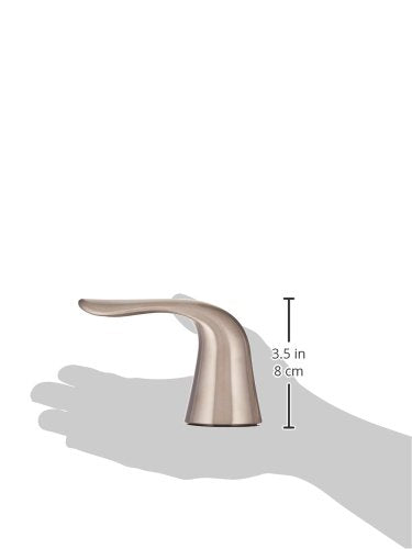Stainless steel lever handle faucet with curved spout, 3.5 inches tall, shown in hand for scale.