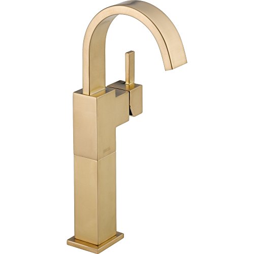 Brushed gold single-handle vessel faucet with curved spout and tall square base.