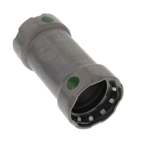 Viega MegaPress 3/4" press coupling with zinc-nickel coated carbon steel body and green indicator marks.