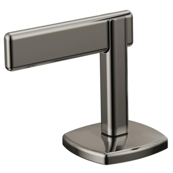 Brushed nickel widespread lavatory faucet lever handle with rectangular spout and square base.