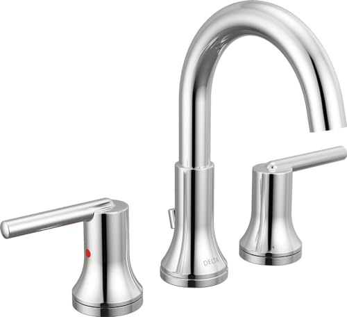 Chrome widespread bathroom faucet with high curved spout, two lever handles, and metal pop-up drain.