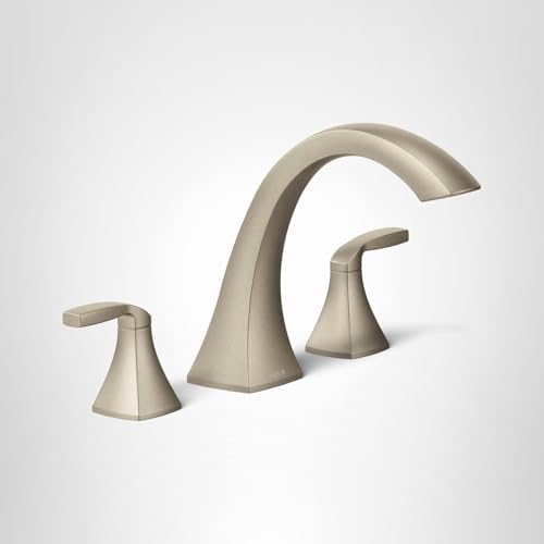 Brushed nickel two-handle roman tub faucet with high curved spout and lever handles on conical bases.