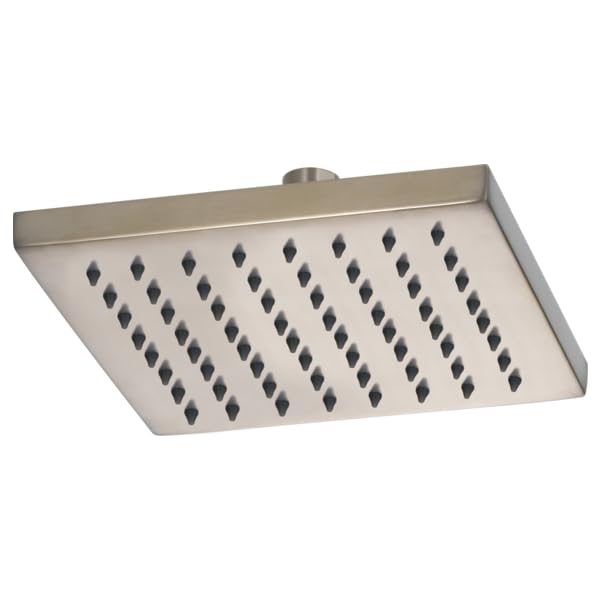 Square stainless steel raincan shower head with multiple spray holes and top-mounted connector.
