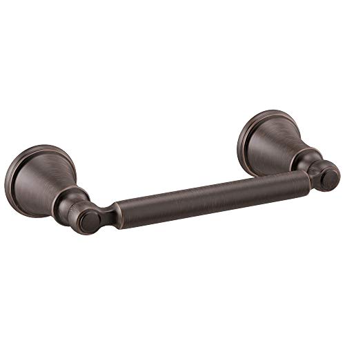 Oil-rubbed bronze tissue holder with round wall-mounted bases and horizontal bar.