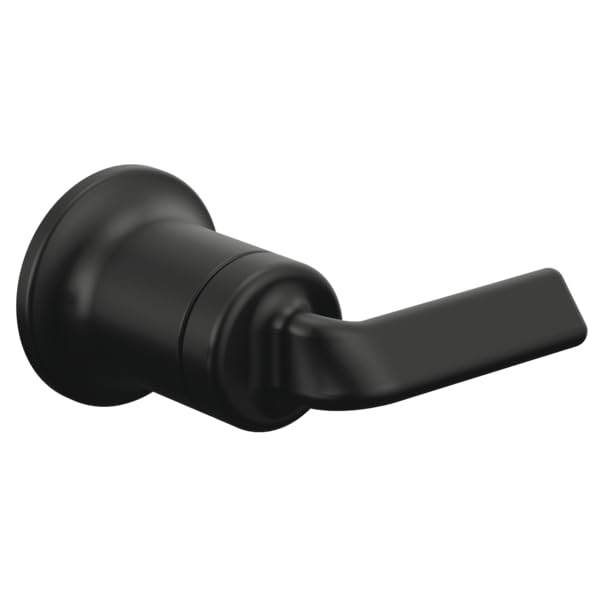 Black matte faucet handle with curved lever arm and circular mounting base on white background.