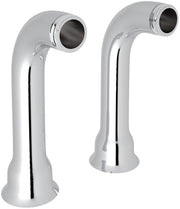 Two polished chrome deck unions with curved spouts and threaded pipe connections.