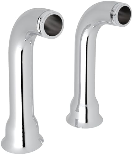 Two polished chrome deck unions with curved spouts and threaded pipe connections.