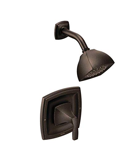 Bronze shower trim kit with curved wall mount, angled arm, and cone-shaped showerhead with perforations.