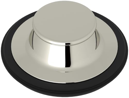 Polished nickel disposal stopper with dome-shaped cap and black rubber ring base.