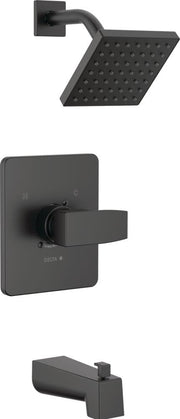 Matte black Delta tub and shower trim kit with square showerhead, lever handle valve, and tub spout.