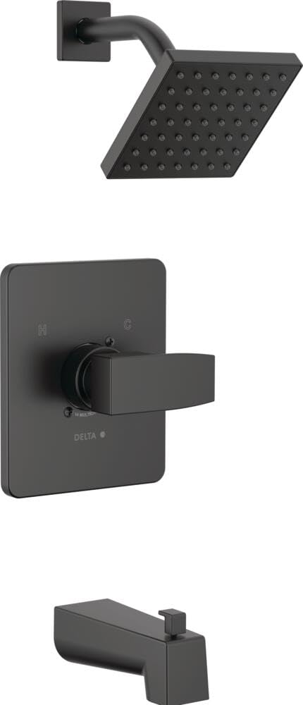 Matte black Delta tub and shower trim kit with square showerhead, lever handle valve, and tub spout.