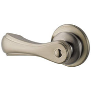 Brushed nickel toilet flush lever with curved handle and round mounting plate.
