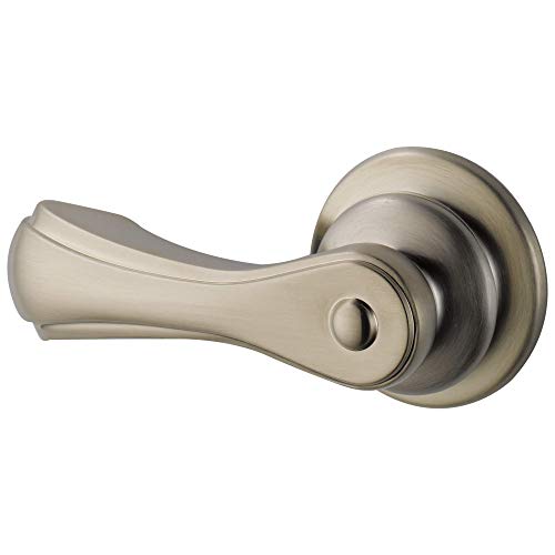 Brushed nickel toilet flush lever with curved handle and round mounting plate.