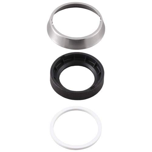 Stainless steel trim ring, black base ring, and white gasket components stacked vertically.