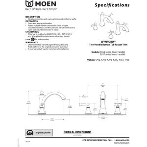 Chrome two-handle roman tub faucet with curved spout and matching handles on specification sheet.