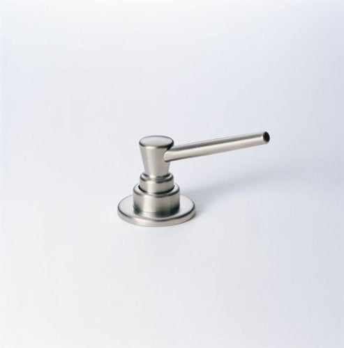 Stainless steel soap and lotion dispenser pump with cylindrical spout and round base.