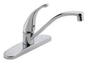 Chrome kitchen faucet with single curved handle and extended spout on wide base.
