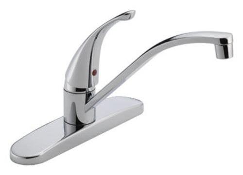 Chrome kitchen faucet with single curved handle and extended spout on wide base.