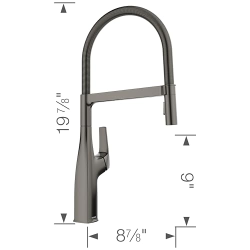 Satin dark steel kitchen faucet with tall arched spout, single lever handle, and flexible hose spray head.