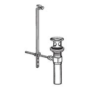 Polished nickel pop-up drain assembly with vertical control rod and horizontal lever handle for sink basin.