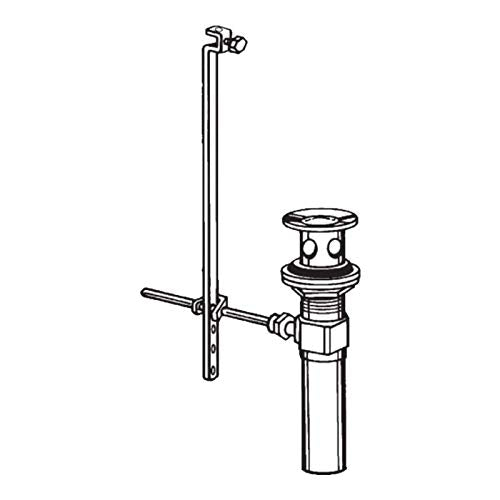 Polished nickel pop-up drain assembly with vertical control rod and horizontal lever handle for sink basin.