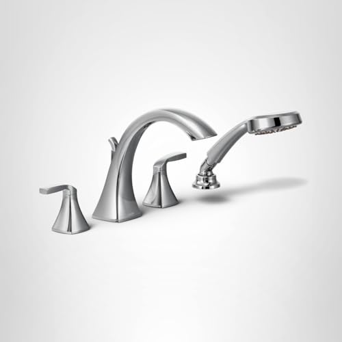 Chrome four-piece deck mount tub faucet with curved spout, two handles, and detachable handshower.
