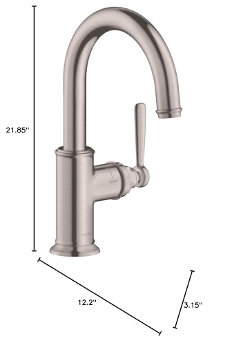 Steel optic bar faucet with high arched spout and single side lever handle, 21.85 inches tall.