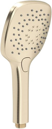 Satin nickel 4-inch handheld showerhead with multiple spray holes and control button on handle.