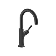 Matte black bar faucet with curved spout and single side-mounted lever handle.