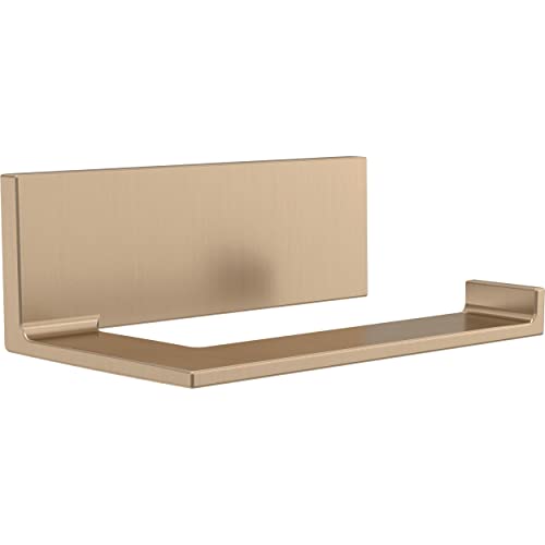 Brushed champagne bronze tissue holder with vertical back plate and horizontal shelf.