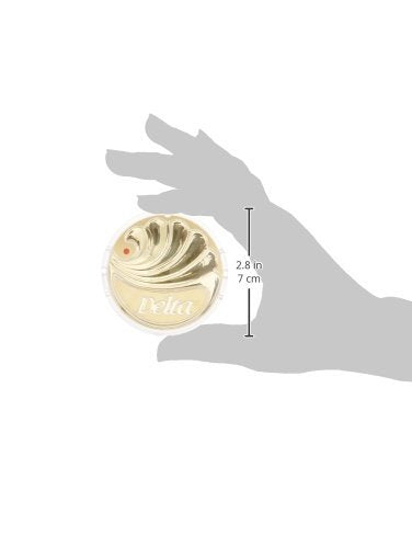 Polished brass circular button with hot and cold indicators, shown in hand with 2.8 inch diameter measurement.