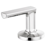 Polished chrome widespread lavatory faucet lever handle with cylindrical spout and round base.