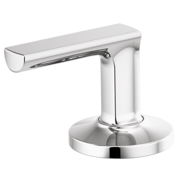Polished chrome widespread lavatory faucet lever handle with cylindrical spout and round base.