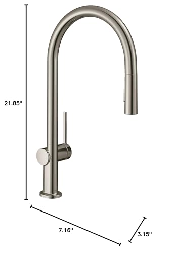 Steel Optic high-arc kitchen faucet with pull-down spray head and single lever handle, 21.85 inches tall.