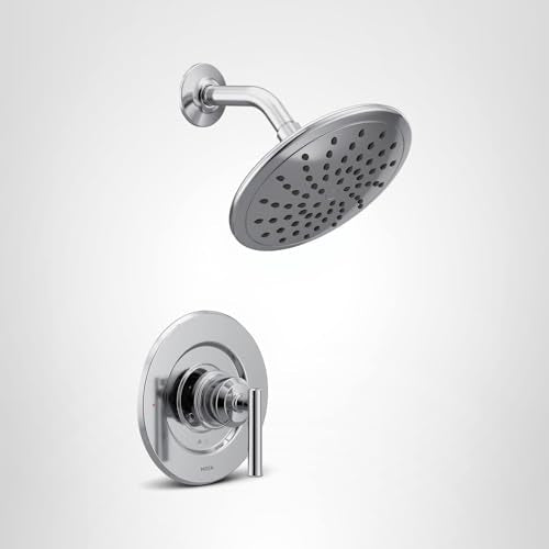 Chrome shower trim with round rain showerhead and pressure-balancing valve with single lever handle.