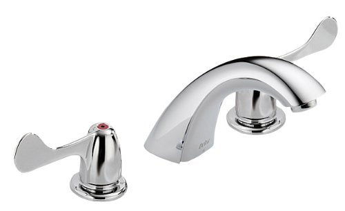 Chrome two-handle widespread lavatory faucet with curved spout and blade handles.