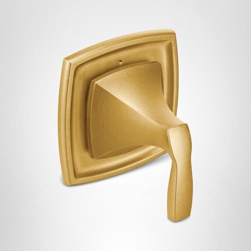 Brushed gold square diverter valve trim with angular lever handle on white background.