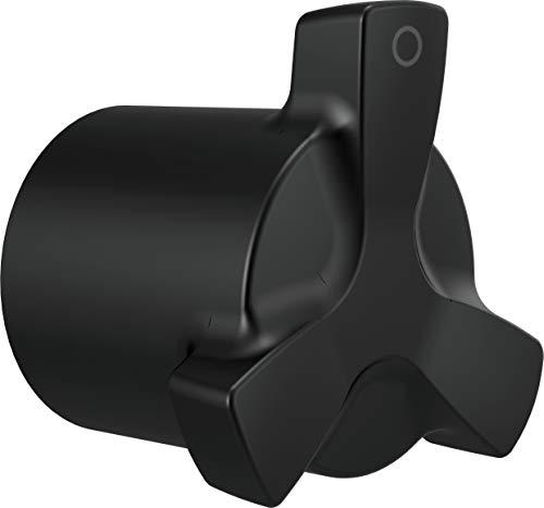 Matte black cylindrical shower diverter with angular lever handle and integrated connection port.
