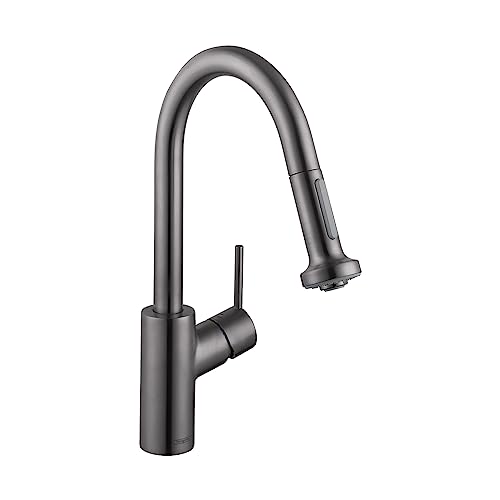 Brushed black chrome kitchen faucet with curved pull-down spout and single lever handle.