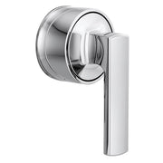 Chrome thermostatic valve trim with rectangular lever handle and circular escutcheon plate.