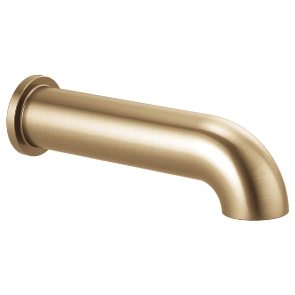 Luxe gold linear round tub spout with curved outlet and wall-mounted flange on left side.
