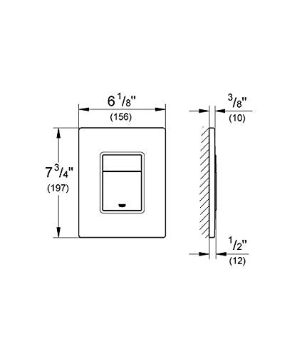 Grohe Skate matte chrome wall plate with dimensions showing 6 1/8" width, 7 3/4" height, and mounting depth specifications.