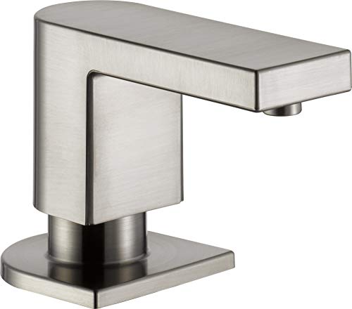 Chrome soap dispenser with rectangular pump and square base for countertop installation.