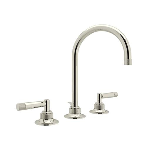 Polished nickel widespread lavatory faucet with curved C-spout and two lever handles on round bases.