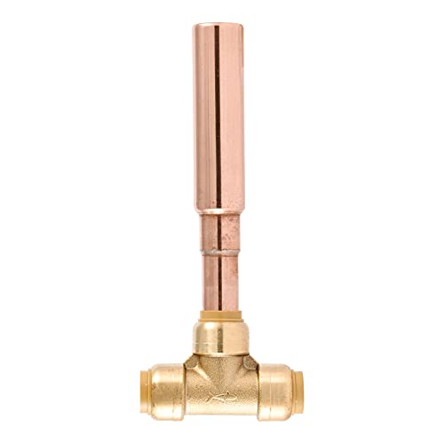 Brass water hammer arrestor with copper tube extension and three push-to-connect ports in tee configuration.