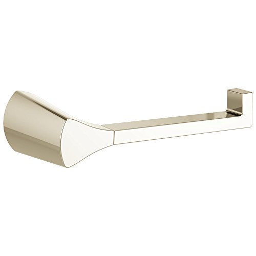 Brushed nickel tissue holder with cylindrical roll compartment and horizontal arm mounting bracket.