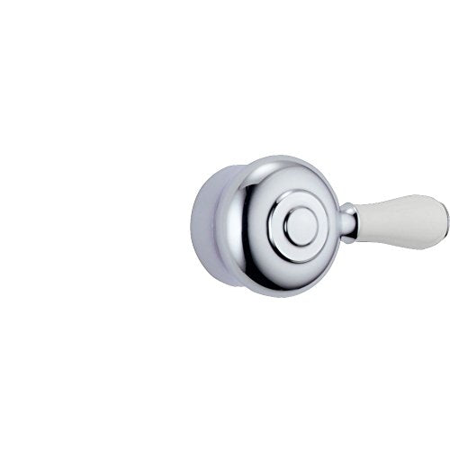 Chrome tub and shower valve handle with white porcelain lever and circular trim ring.