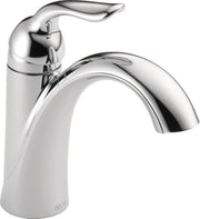 Chrome single-handle bathroom faucet with curved spout and lever handle.